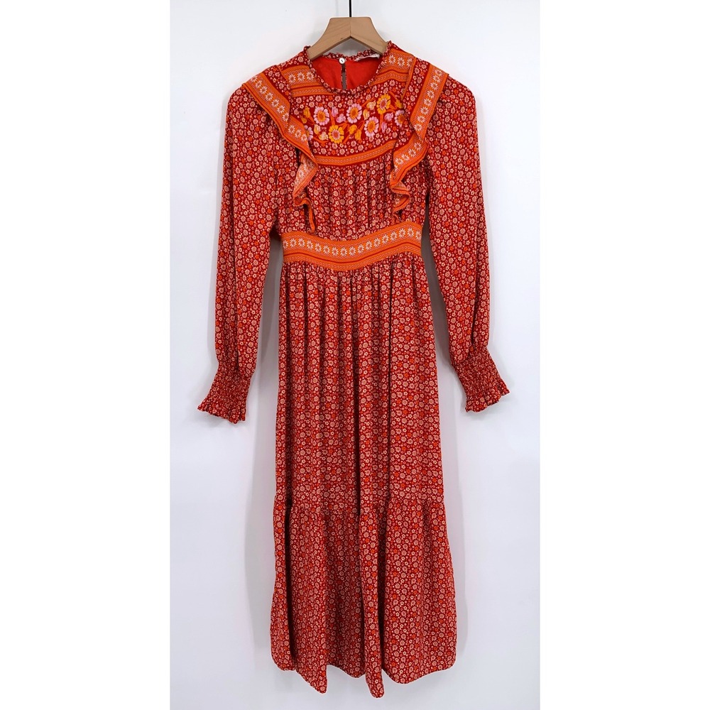In Loom Dress Small Orange Floral Ruffle Smocked Boho Midi Cottage‎ Prairie